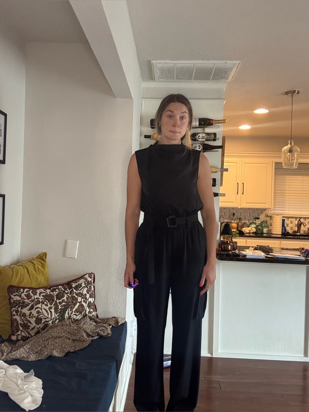 DKNY Black Sleeveless High-Neck Belted Cargo Jumpsuit